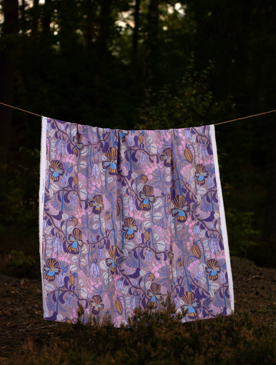 Det blommiga tyger En doft av viol hänger på en lina i skogen